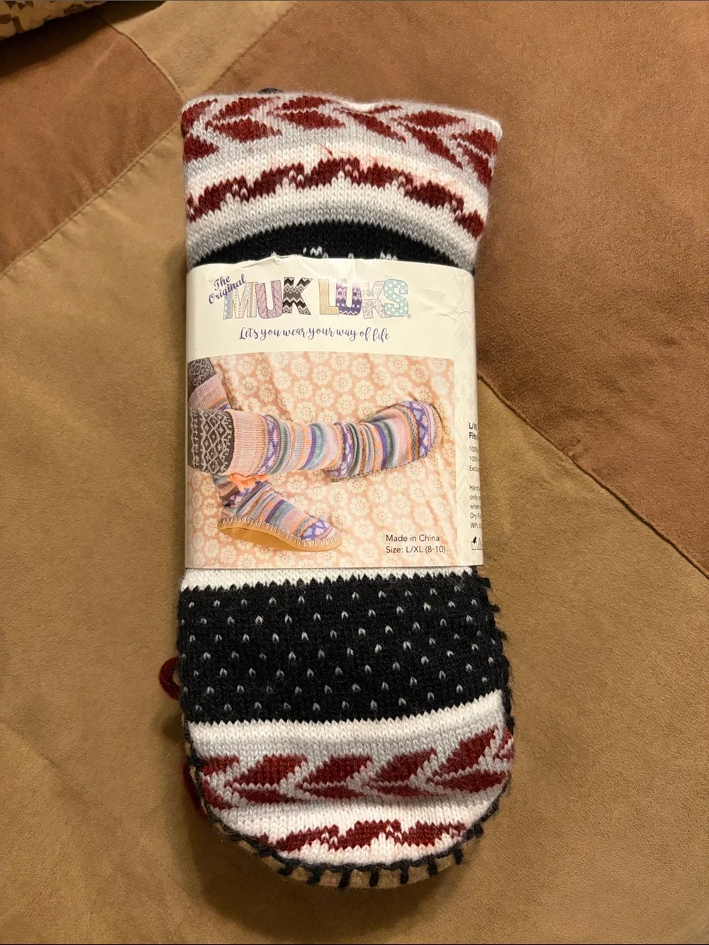 The Original Muk Luks-  Black, White & Burgundy Patterned Gripper Socks. (L/XL)